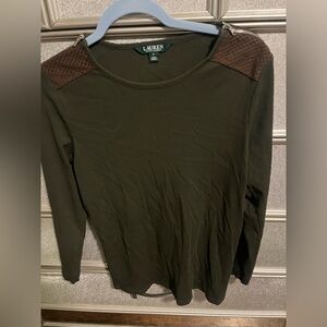 Ralph Lauren Olive Blouse with Brown Shoulder Accents. Fits like a large